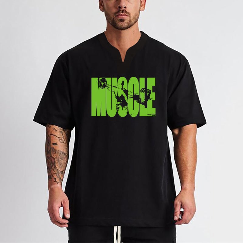 Summer muscle fitness cotton short sleeve T-shirt men''s loose bodybuilding sports breathable plus size top half sleeve V-neck foreign trade - Image 3