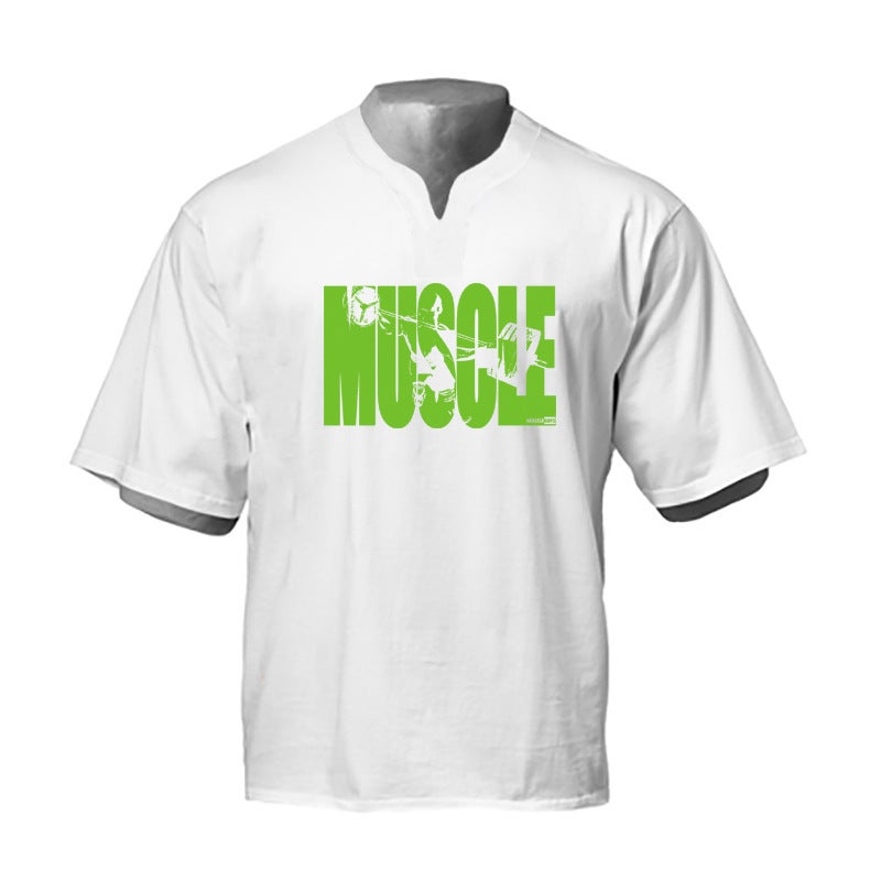 Summer muscle fitness cotton short sleeve T-shirt men''s loose bodybuilding sports breathable plus size top half sleeve V-neck foreign trade - Image 1