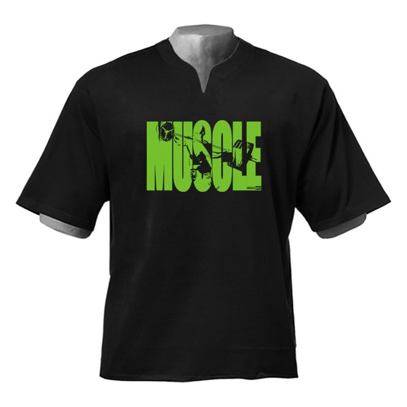 Summer muscle fitness cotton short sleeve T-shirt men''s loose bodybuilding sports breathable plus size top half sleeve V-neck foreign trade - Image 2