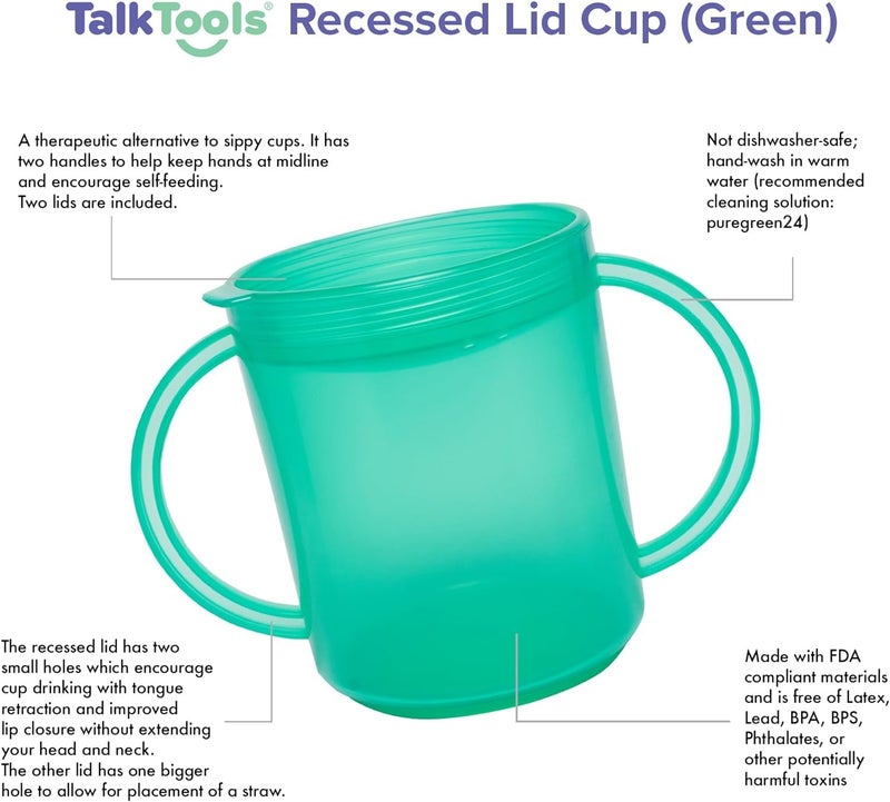 Talktools Recessed Lid Cup With Handles - Leak Proof | Promotes Oral Motor Skills  Lip Closure  And Self Feeding | Alternative To Sippy Bottle | Food Grade Materials | Dishwasher Safe (Green) - Image 2