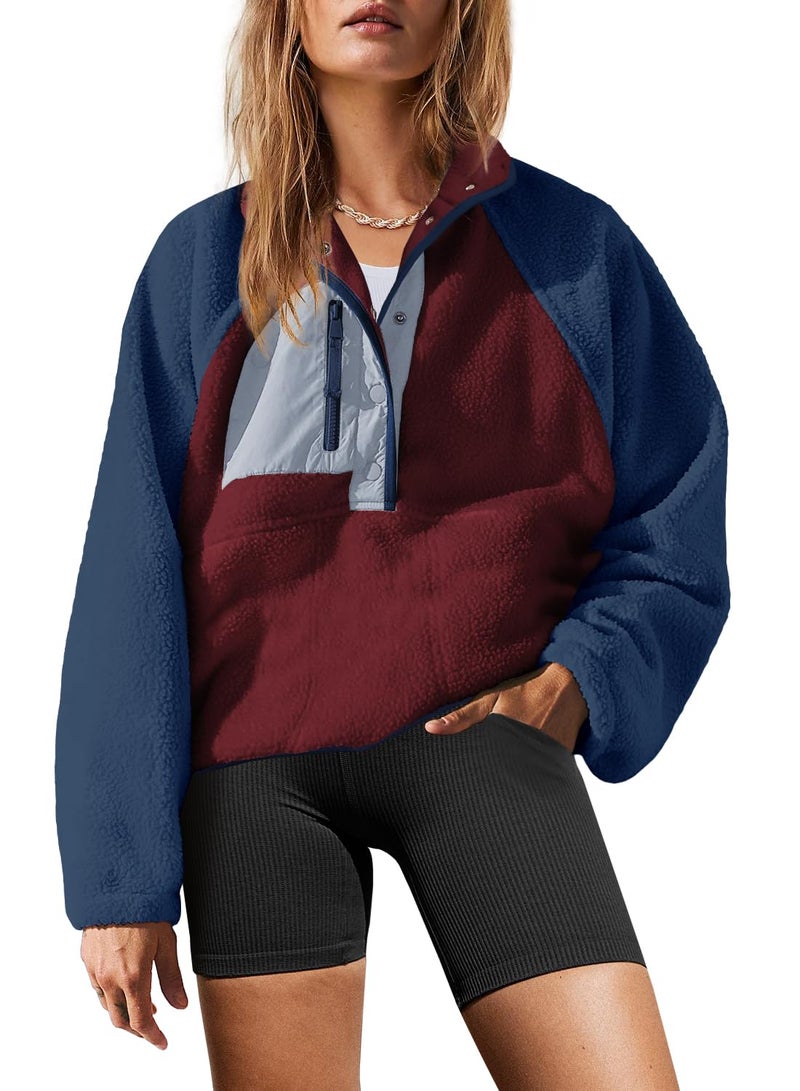 Yanekop Sherpa Jacket Women Fuzzy Pullover Sweaters Winter Fleece Sweatshirt Button Up Pullover Sherpa Outerwear(Burgundy Blue,XS) - Image 1
