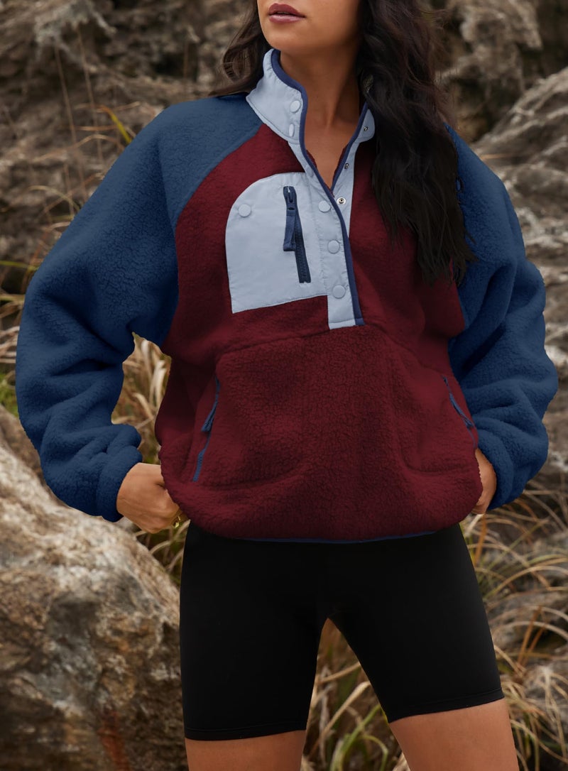 Yanekop Sherpa Jacket Women Fuzzy Pullover Sweaters Winter Fleece Sweatshirt Button Up Pullover Sherpa Outerwear(Burgundy Blue,XS) - Image 4