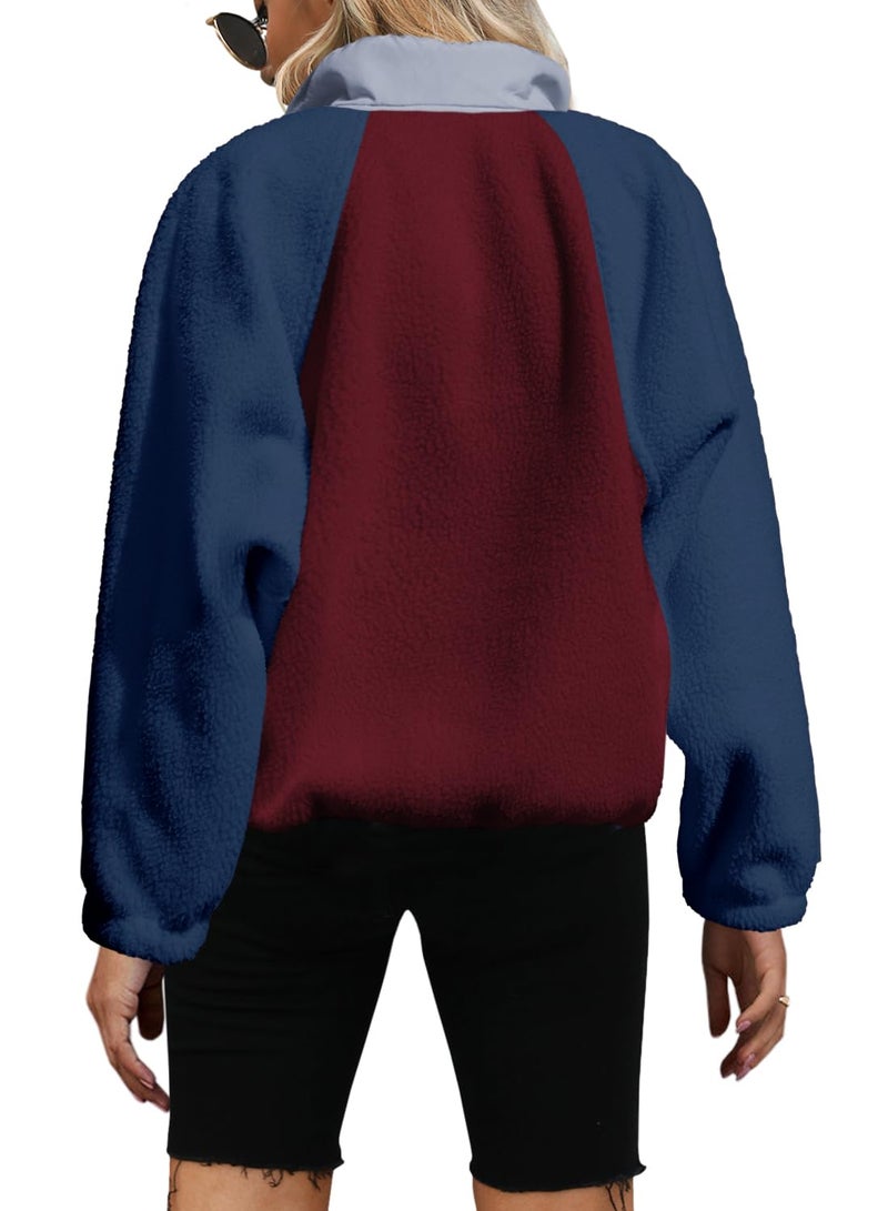 Yanekop Sherpa Jacket Women Fuzzy Pullover Sweaters Winter Fleece Sweatshirt Button Up Pullover Sherpa Outerwear(Burgundy Blue,XS) - Image 2