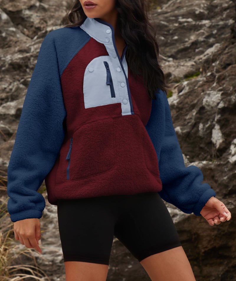 Yanekop Sherpa Jacket Women Fuzzy Pullover Sweaters Winter Fleece Sweatshirt Button Up Pullover Sherpa Outerwear(Burgundy Blue,XS) - Image 5