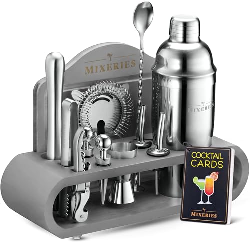 Mixeries Mixology Bartender Kit with Stand - 18 Piece Bar Set Cocktail Shaker Set, Drink Mixer Set for Home Bar with All Bar Accessories - Bar Tool Set, Cocktail Kit, Mixology Set, Bar Kit (Gray) - Image 1