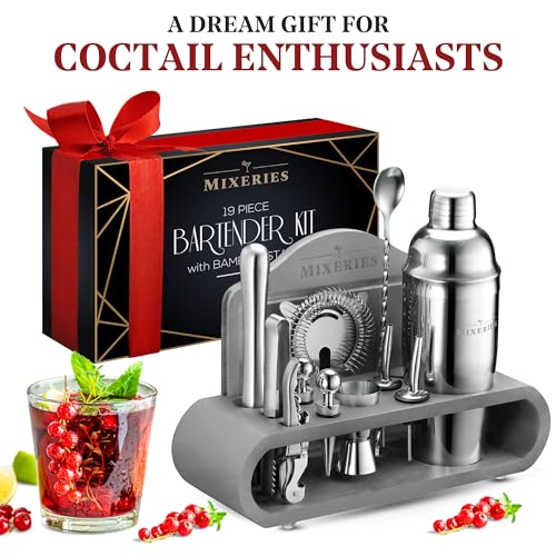 Mixeries Mixology Bartender Kit with Stand - 18 Piece Bar Set Cocktail Shaker Set, Drink Mixer Set for Home Bar with All Bar Accessories - Bar Tool Set, Cocktail Kit, Mixology Set, Bar Kit (Gray) - Image 5