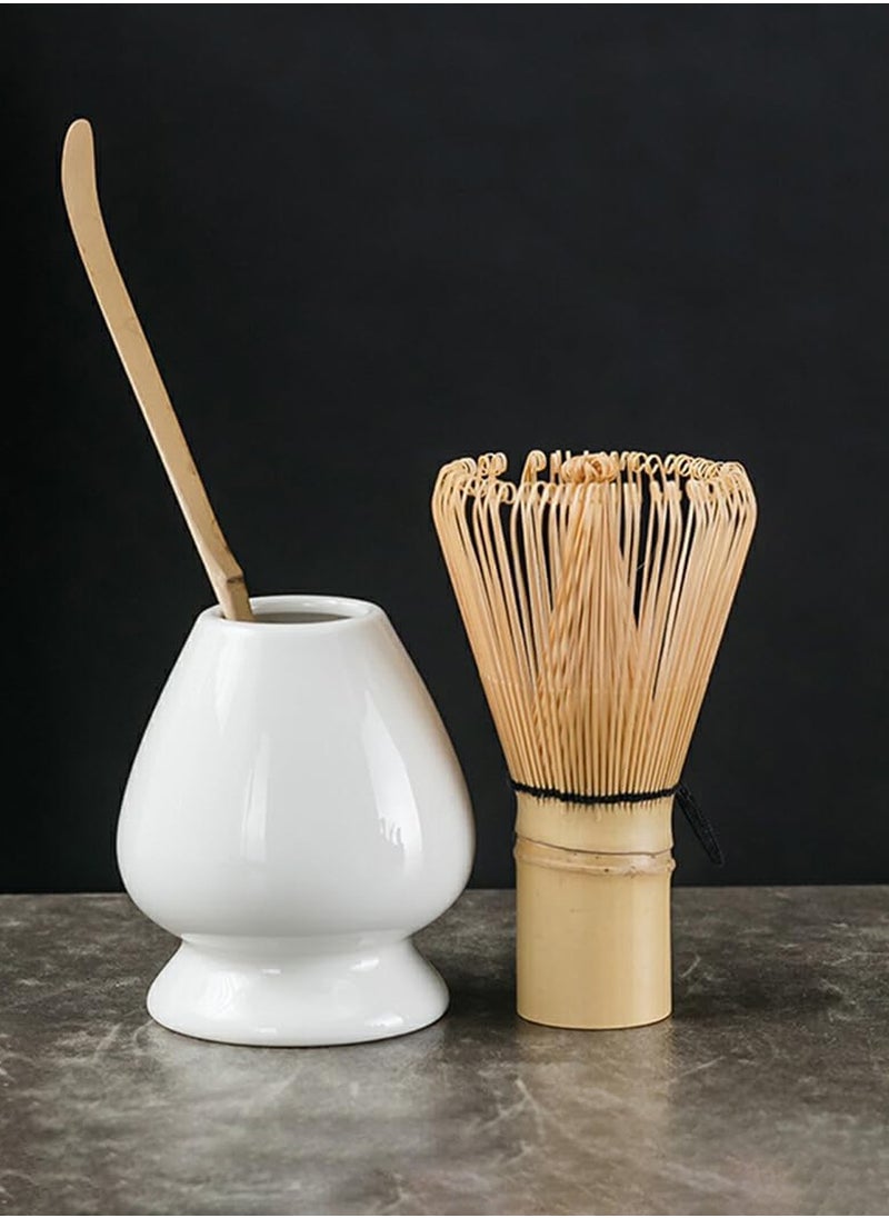 Arabest Traditional Matcha Tool, Bamboo Matcha Set with Tea Whisk, Hooked Scoop and Ceramic Whisk Holder, Perfect Matcha Kit for Matcha Tea Ceremony (White)  - Image 1
