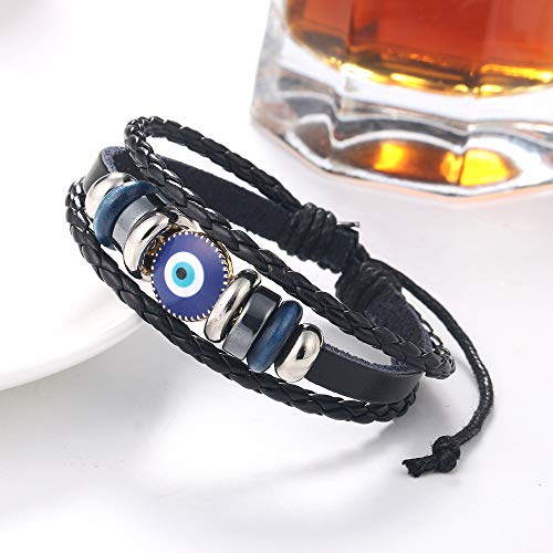 Picano Multi-Layer Evil Eye Leather Bracelet for Men Ethnic Wristband Weave Leather Bangle Bracelet Protection Jewelry … (black) - Image 2