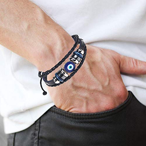 Picano Multi-Layer Evil Eye Leather Bracelet for Men Ethnic Wristband Weave Leather Bangle Bracelet Protection Jewelry … (black) - Image 4