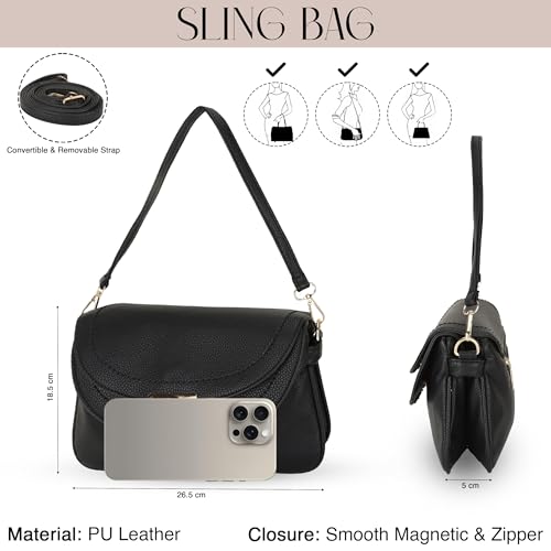 SIBY Snap Purse | PU Leather Fashion Quilted Crossbody Shoulder Bag for Women with Removable Straps - Black - Image 3