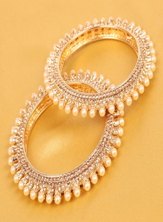 تتش ستون أساور كادا جديدة من تاتشستون، بتصميم هندي بوليوودي عصري وجميل، مصنوعة يدويًا، ذات مظهر كلاسيكي، مرصعة بأحجار الراين الذهبية الرائعة واللؤلؤ الصناعي. طقم من قطعتين بلون ذهبي عتيق للنساء - Image 3