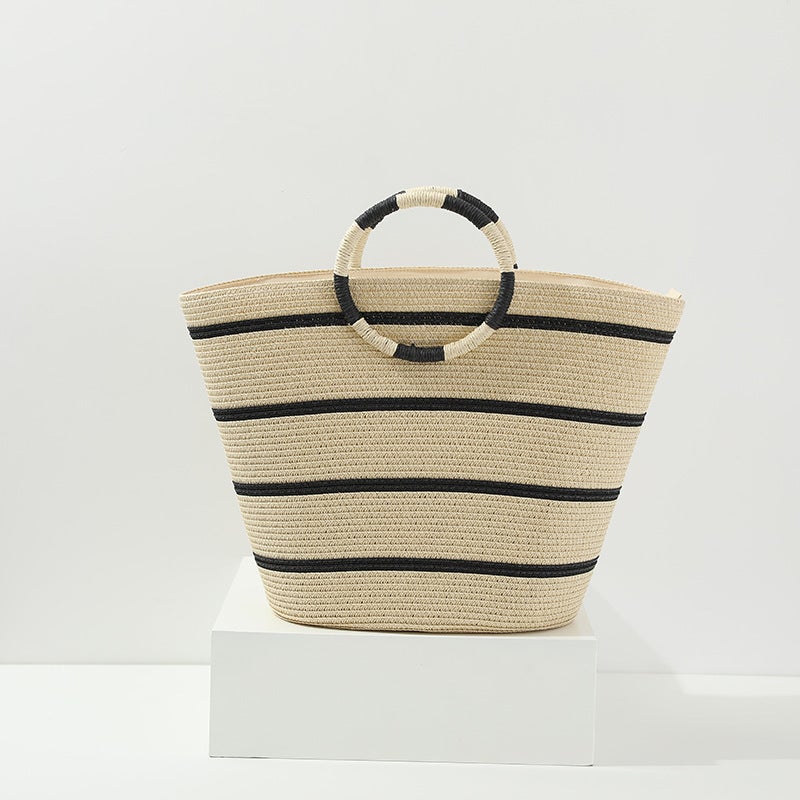 Ring Portable French Straw Bag New Style Elegant Striped Large Capacity Tote Woven Bag Women'S Holiday Beach Bag