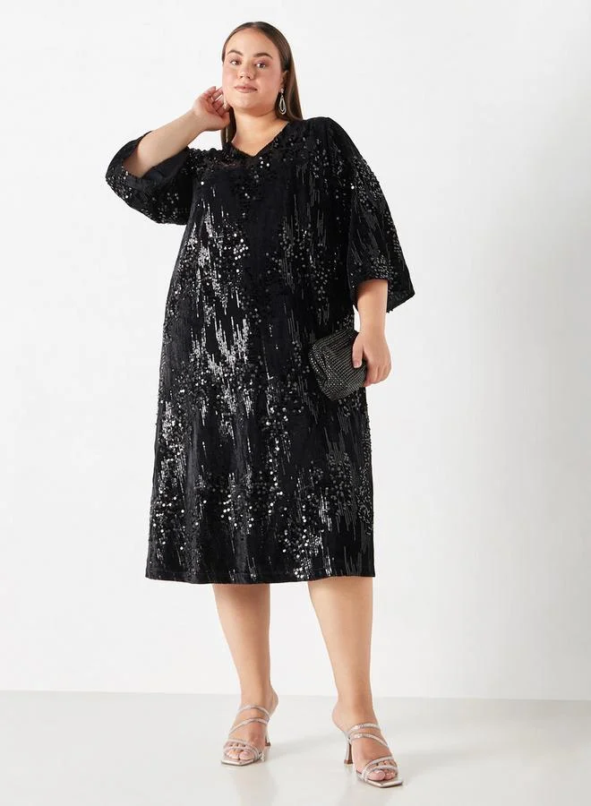  أولا بوبكن فستان ميدي مزين مقاس كبير بأكمام 3/4 من أولا بوبكن