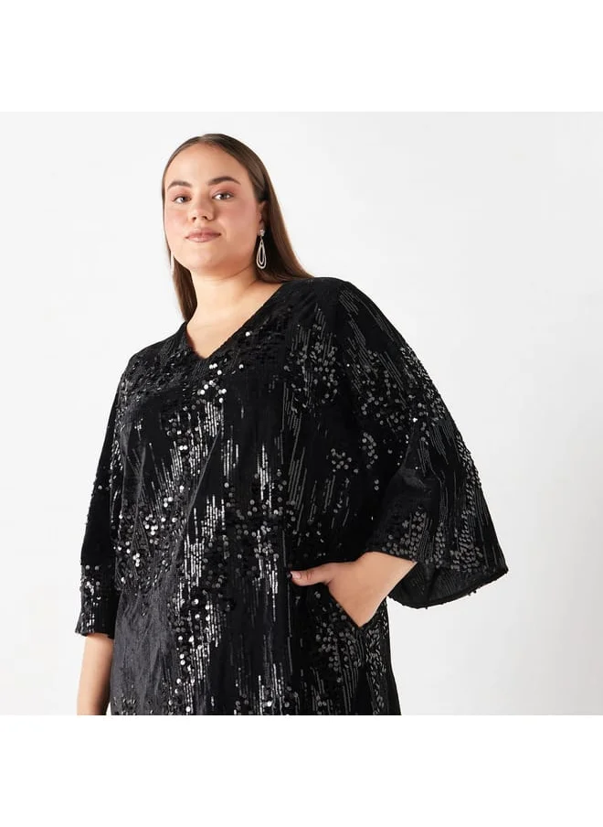 Ulla Popken Plus Size Ulla Popken Embellished Midi Dress with Three-Quarter Sleeves