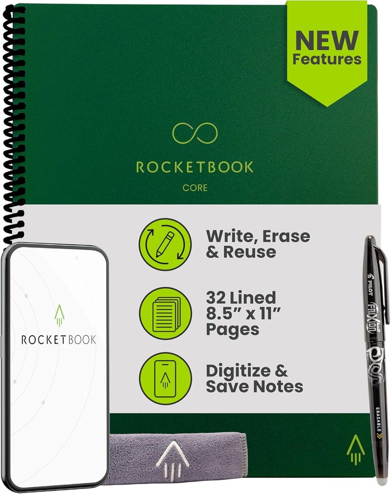 Rocketbook New Core Reusable Spiral Notebook, Letter Size 8.5x11, Green - Lined Pages, App-Connected, Erasable, Durable Cover, Ideal for School, Work, and Creative Projects - Image 1