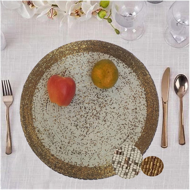 CANVASS Decorative 14 Inches Big Size Round Handmade Beaded WhiteGold Placemat Perfect for Central Table 36 cms Dia 14 Pack of 1 - Image 2