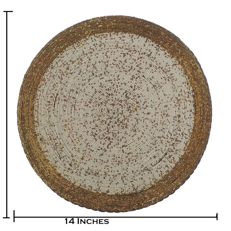 CANVASS Decorative 14 Inches Big Size Round Handmade Beaded WhiteGold Placemat Perfect for Central Table 36 cms Dia 14 Pack of 1 - Image 3