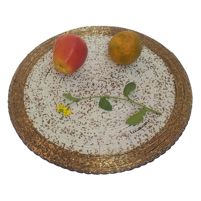 CANVASS Decorative 14 Inches Big Size Round Handmade Beaded WhiteGold Placemat Perfect for Central Table 36 cms Dia 14 Pack of 1 - Image 1