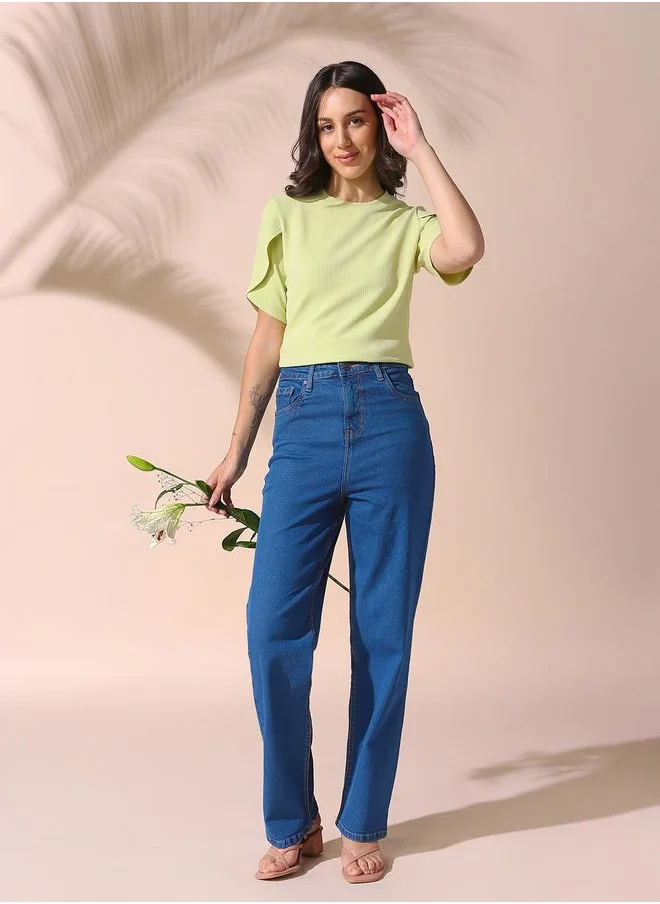 دينيس لينغو Women apple green regular fit textured half sleeves t-shirt 100% poly top with pull over closure- your next go-to for effortless flair.