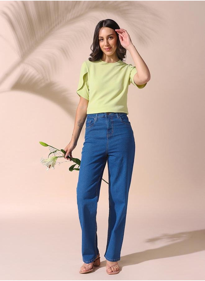 Dennis Lingo - Women apple green regular fit textured half sleeves t-shirt 100% poly top with pull over closure- your next go-to for effortless flair. - Image 1