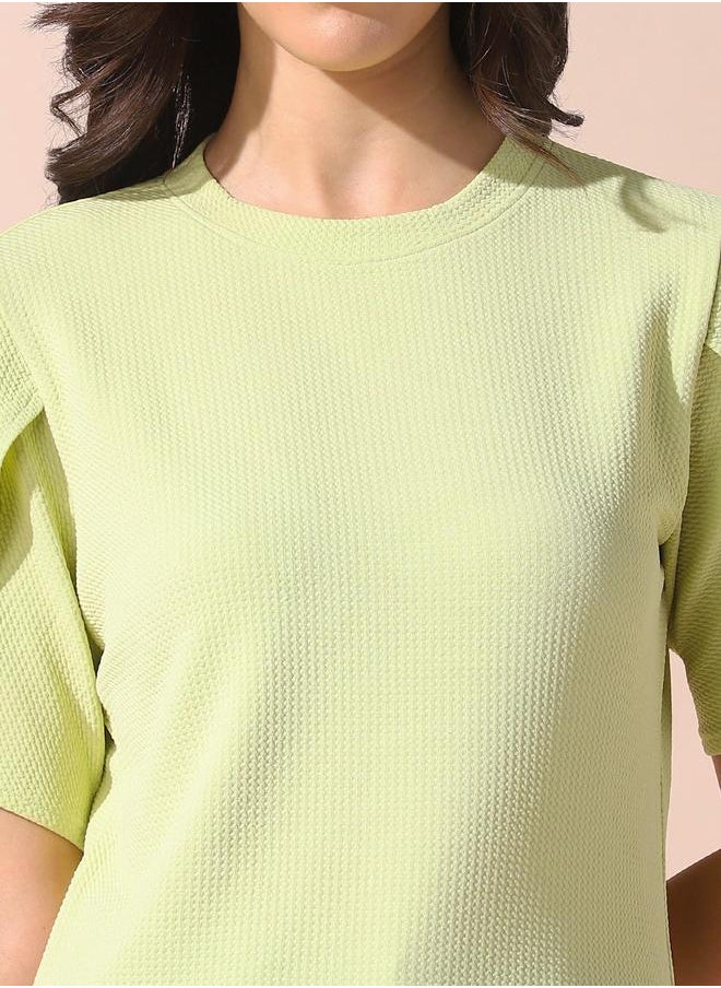 Dennis Lingo - Women apple green regular fit textured half sleeves t-shirt 100% poly top with pull over closure- your next go-to for effortless flair. - Image 1