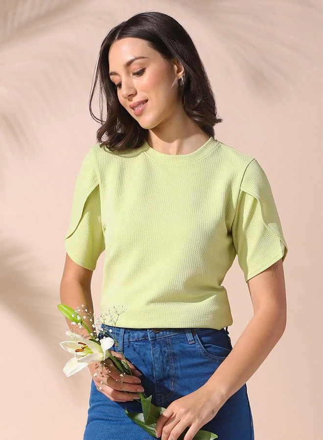 Dennis Lingo Women's Apple Green 100% Polyester Textured Regular Fit Tops