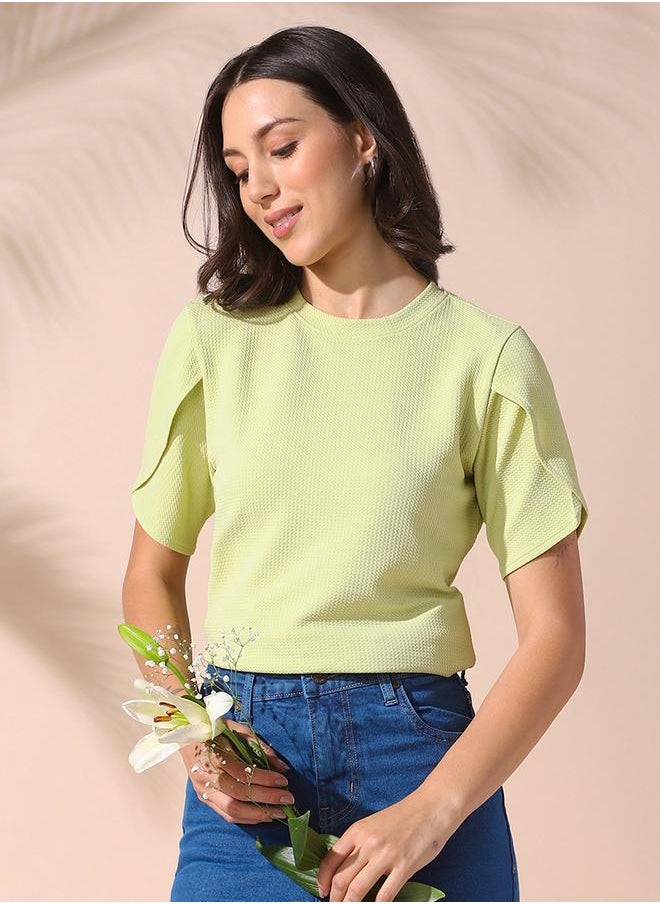 Dennis Lingo - Women apple green regular fit textured half sleeves t-shirt 100% poly top with pull over closure- your next go-to for effortless flair. - Image 1