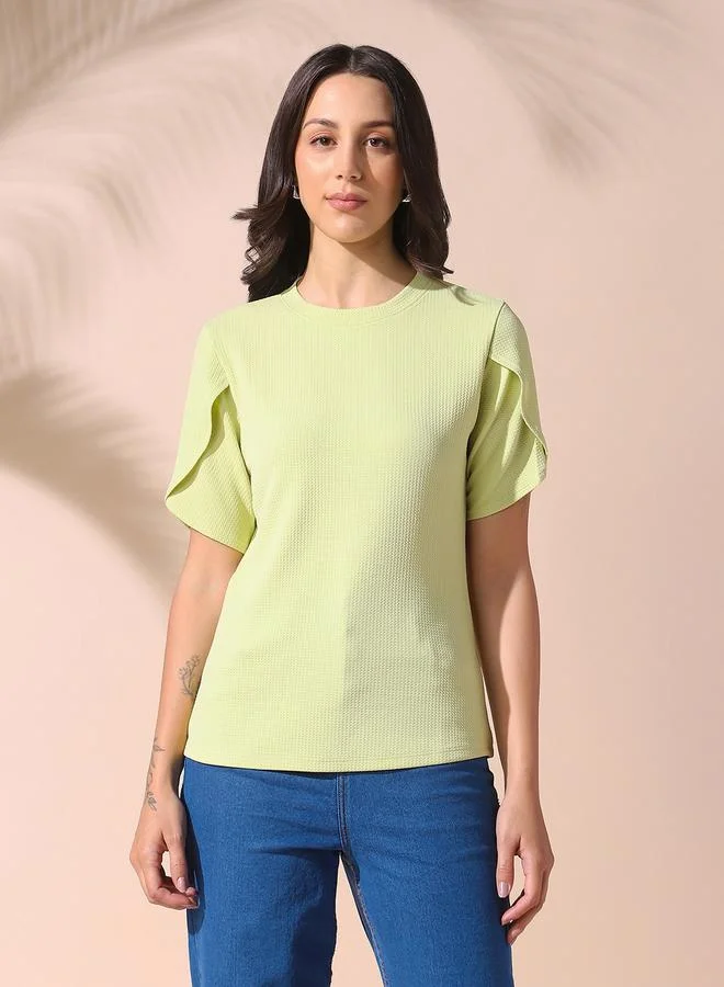 Dennis Lingo Women's Apple Green 100% Polyester Textured Regular Fit Tops