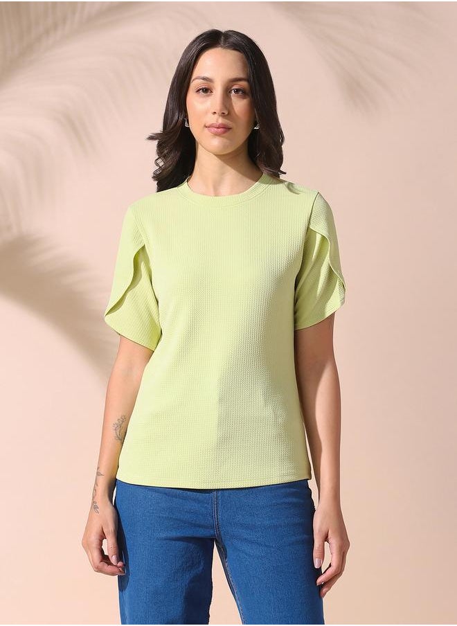 Dennis Lingo - Women apple green regular fit textured half sleeves t-shirt 100% poly top with pull over closure- your next go-to for effortless flair. - Image 1