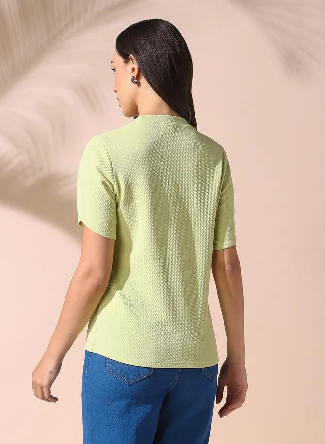 Dennis Lingo Women's Apple Green 100% Polyester Textured Regular Fit Tops