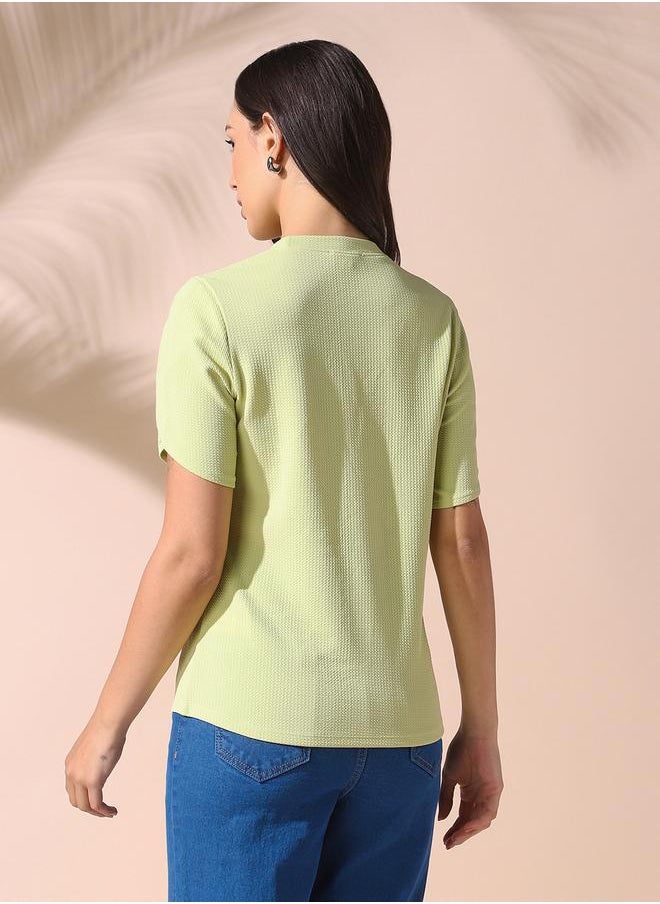Dennis Lingo - Women apple green regular fit textured half sleeves t-shirt 100% poly top with pull over closure- your next go-to for effortless flair. - Image 1