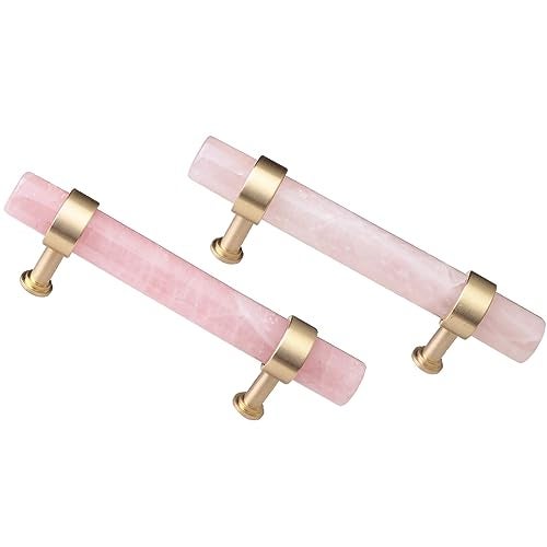 mookaitedecor Set of 2 Brushed Brass with Rose Quartz Crystal Drawer Knobs Kitchen Cabinet Handles Pulls Door Knobs for Dresser Cupboard Hardware 59 Inches - Image 1