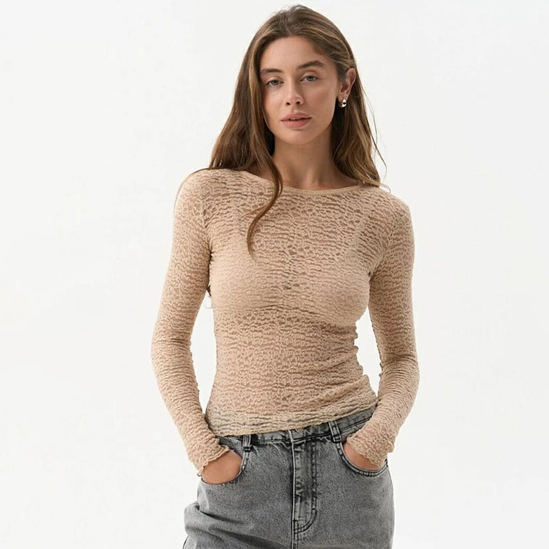 New Womens Fashion Round Neck Sexy SeeThrough Long Sleeve Slim Fitted Base Layer Top - Image 1