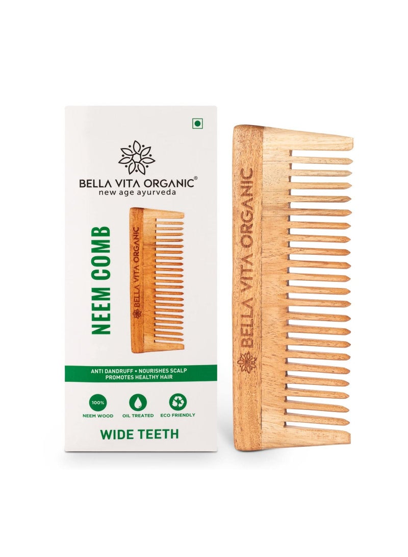 Bella Vita Organic Neem Wooden Comb Wide Teeth for Tangle Free Curls, Healthy Scalp, Hair Growth, Hairfall and Dandruff Control for Men and Women - Image 1