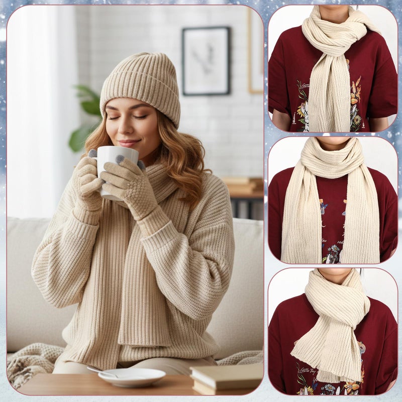 ShinyMatch 12 Pcs Winter Hat Gloves Scarf Earmuff Set Beanie Pompom Fleece Lining Hat Touch Screen Gloves Knitted Scarf(Black, Beige, Pink,Minimalist Style) - Image 3