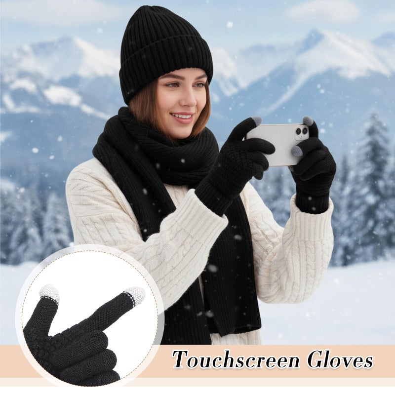 ShinyMatch 12 Pcs Winter Hat Gloves Scarf Earmuff Set Beanie Pompom Fleece Lining Hat Touch Screen Gloves Knitted Scarf(Black, Beige, Pink,Minimalist Style) - Image 4