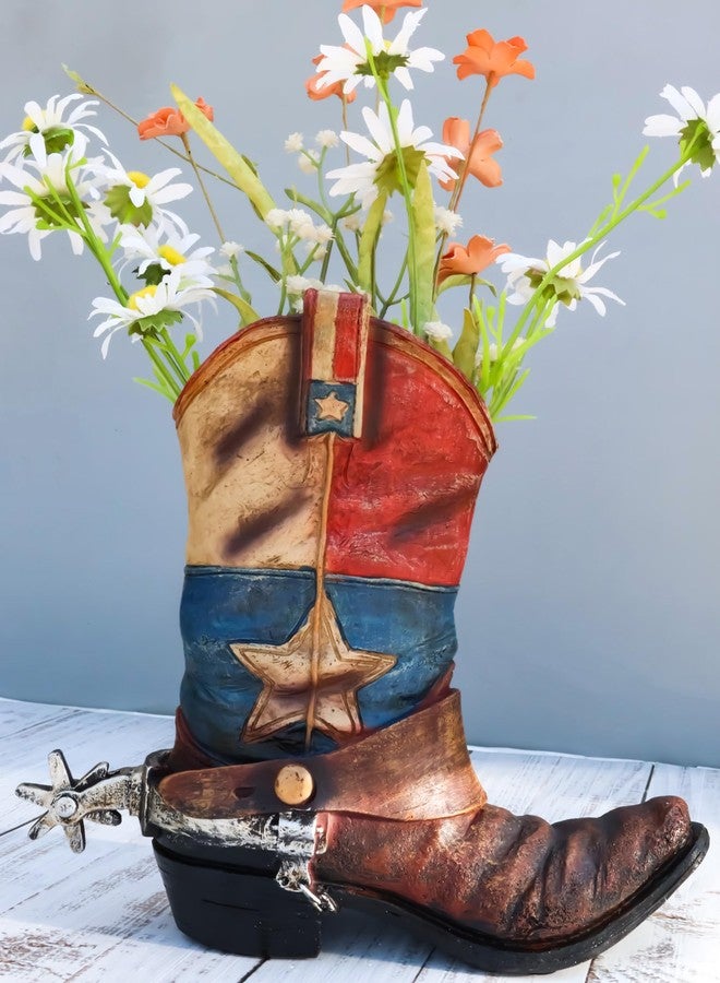 Ebros Gift Patriotic Texas State Flag Western Star Rustic Antiqued Cowboy Boot with Spur Hand Painted Resin Decorative Flower Bouquet Vase Or Planter Figurine American Spirit Home Decor Accent - Image 3