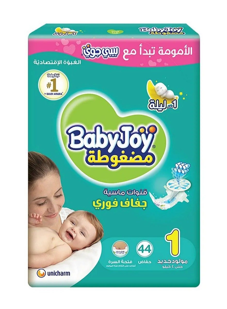 Baby Joy BabyJoy Compressed Diamond Pad Tape Style Diapers, 44 Pieces, Size 1 Newborn, Up to 4kg - Waist Stretch, Cotton Soft, 12Hrs Leak Protection