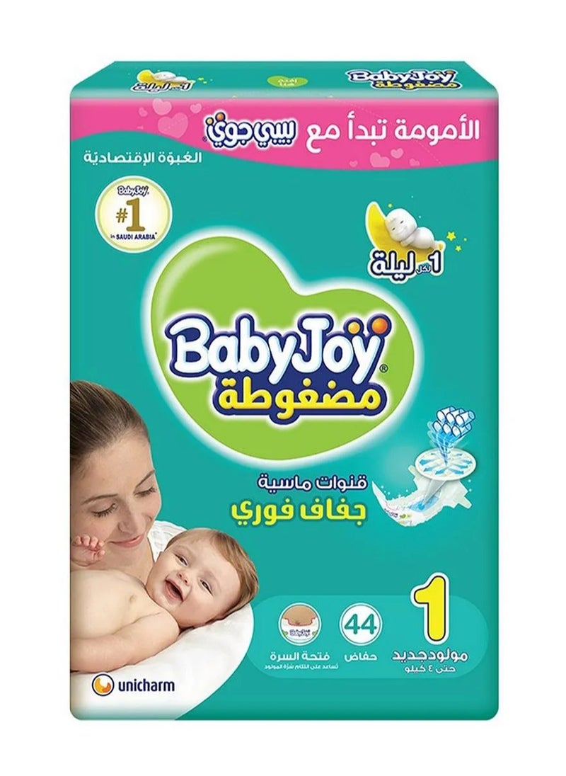 Baby Joy BabyJoy Compressed Diamond Pad Tape Style Diapers, 44 Pieces, Size 1 Newborn, Up to 4kg - Waist Stretch, Cotton Soft, 12Hrs Leak Protection 