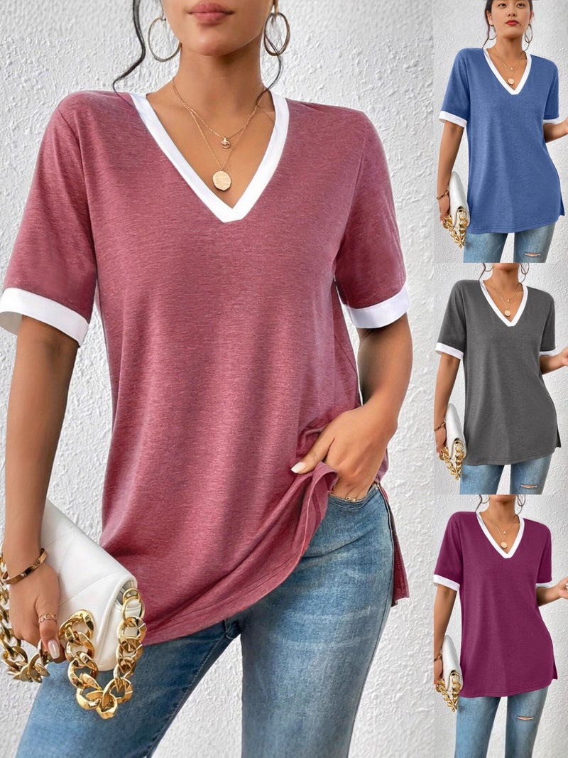 الصيف والنساء تي شيرتز، الألوان محجوزة قصيرة الأكمام تي شيرتز، الصيف الجديد النساء V-Neck سترة قمم - Image 2