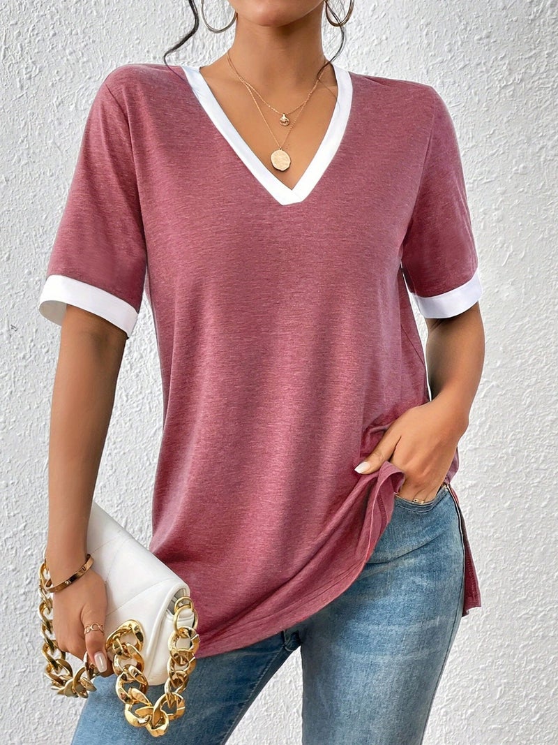 الصيف والنساء تي شيرتز، الألوان محجوزة قصيرة الأكمام تي شيرتز، الصيف الجديد النساء V-Neck سترة قمم - Image 3