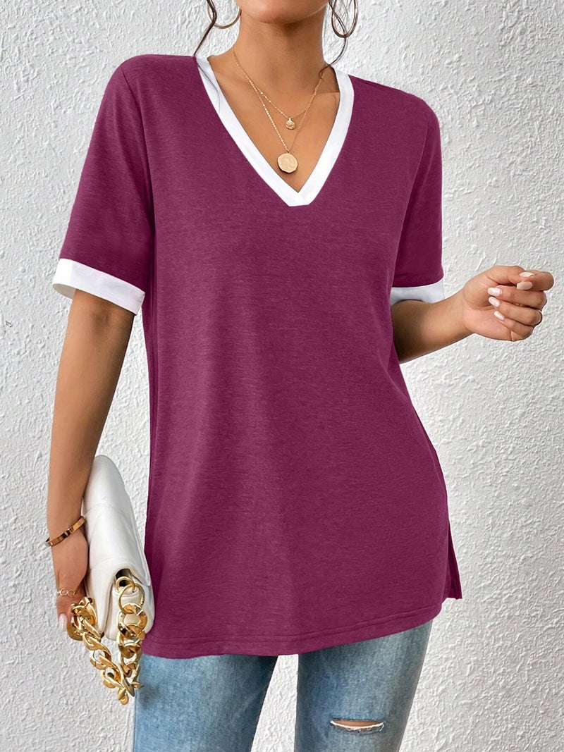 الصيف والنساء تي شيرتز، الألوان محجوزة قصيرة الأكمام تي شيرتز، الصيف الجديد النساء V-Neck سترة قمم - Image 4