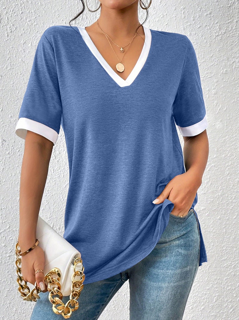 الصيف والنساء تي شيرتز، الألوان محجوزة قصيرة الأكمام تي شيرتز، الصيف الجديد النساء V-Neck سترة قمم - Image 1