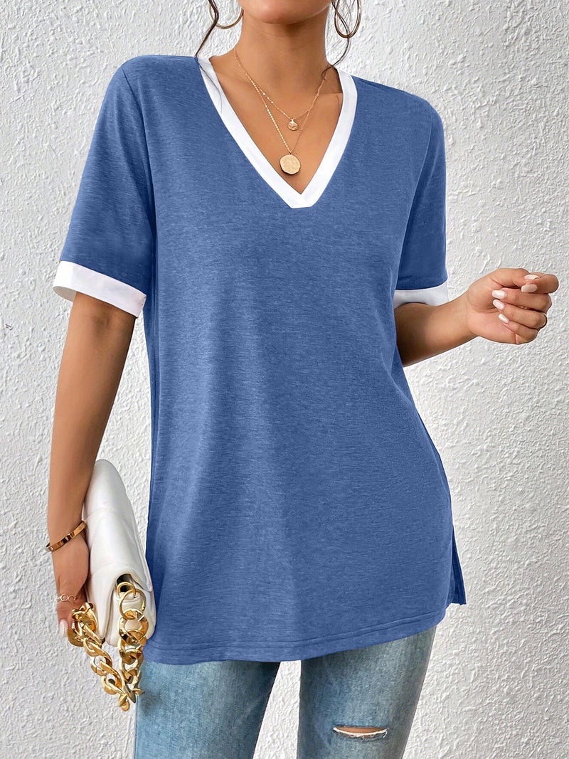 الصيف والنساء تي شيرتز، الألوان محجوزة قصيرة الأكمام تي شيرتز، الصيف الجديد النساء V-Neck سترة قمم - Image 5