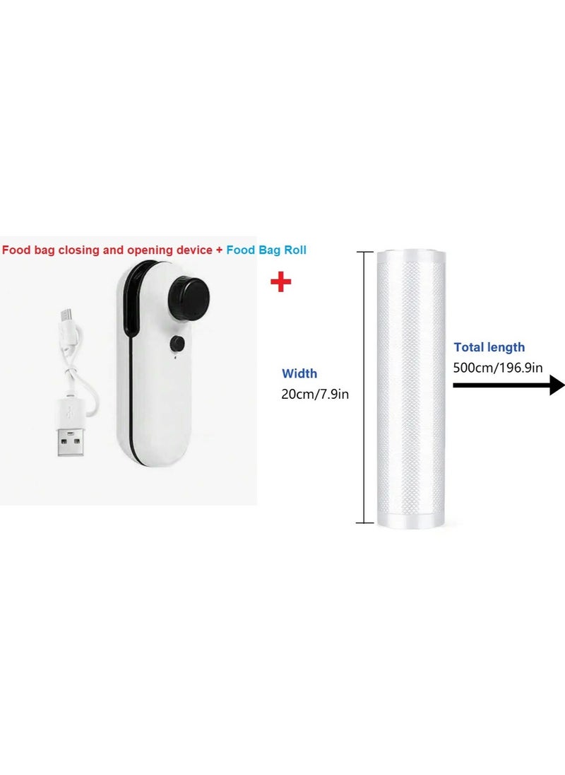 Small automatic food bag closing and opening device, rechargeable, with back magnet and safety closing button, 400 ml battery,11*3.7 CM ,White With Food Bag roll, 20 Cm * 500 Cm
