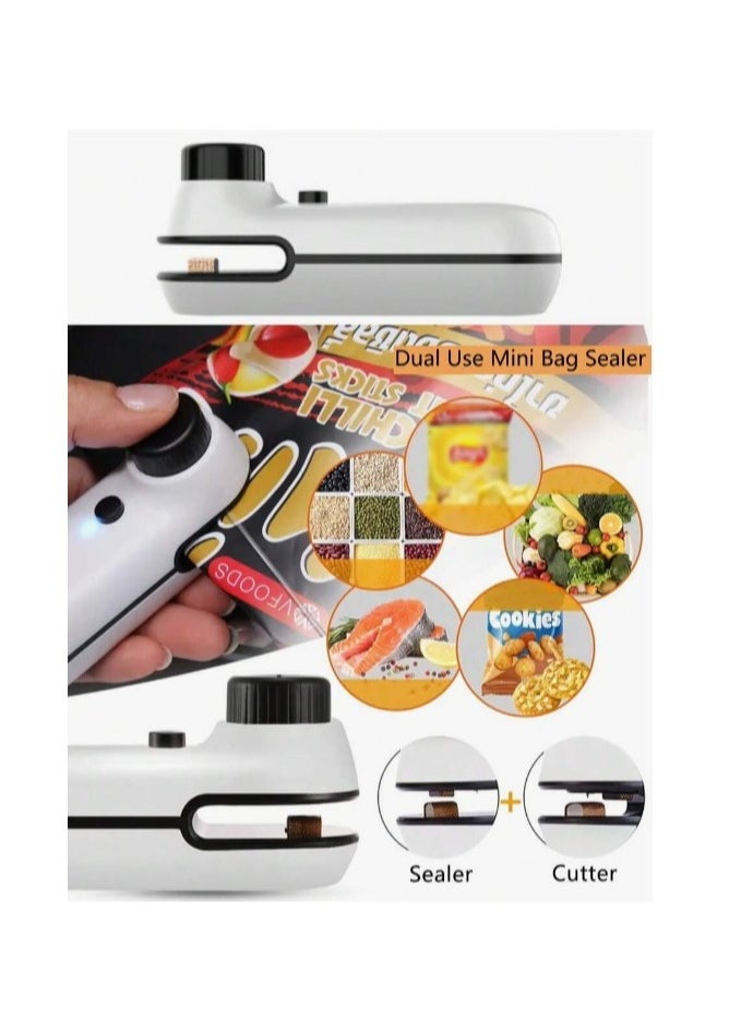 Small automatic food bag closing and opening device, rechargeable, with back magnet and safety closing button, 400 ml battery,11*3.7 CM ,White With Food Bag roll, 20 Cm * 500 Cm