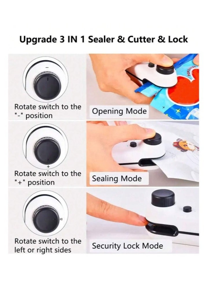 Small automatic food bag closing and opening device, rechargeable, with back magnet and safety closing button, 400 ml battery,11*3.7 CM ,White With Food Bag roll, 20 Cm * 500 Cm
