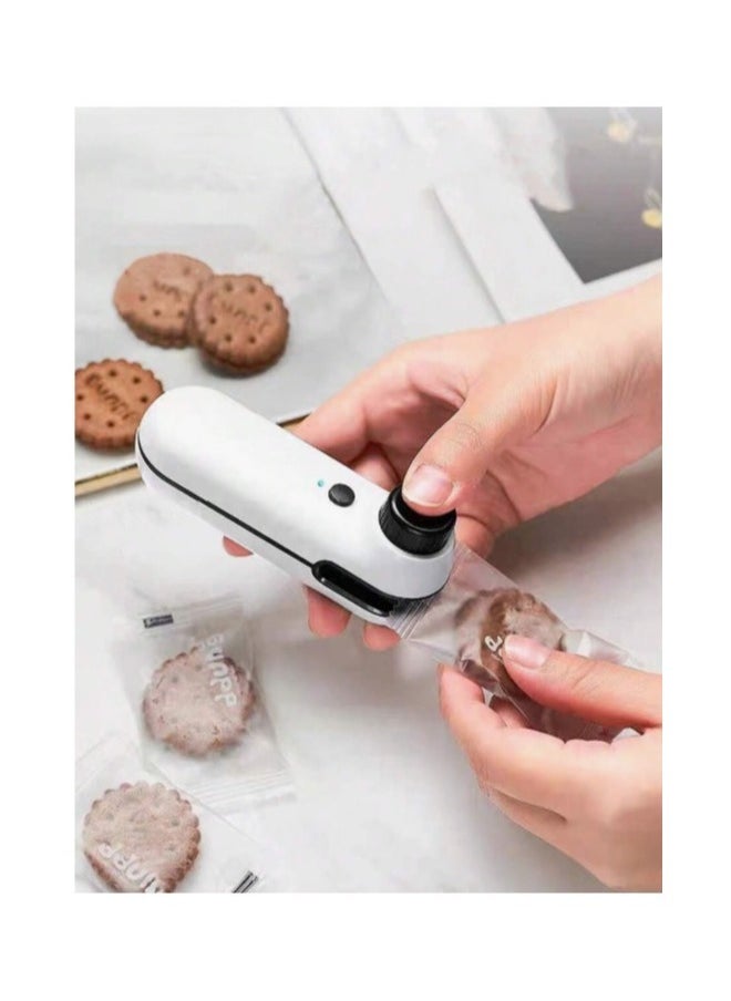 Small automatic food bag closing and opening device, rechargeable, with back magnet and safety closing button, 400 ml battery,11*3.7 CM ,White With Food Bag roll, 20 Cm * 500 Cm