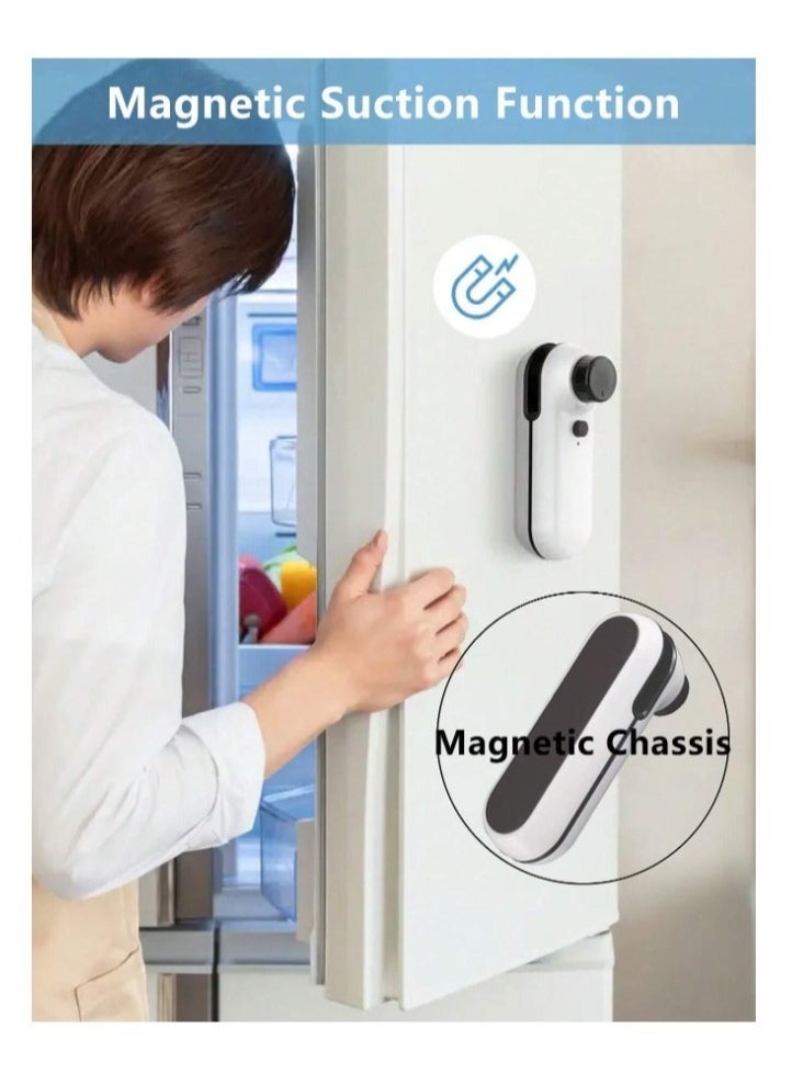 Small automatic food bag closing and opening device, rechargeable, with back magnet and safety closing button, 400 ml battery,11*3.7 CM ,White With Food Bag roll, 20 Cm * 500 Cm