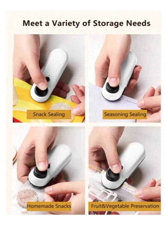 Small automatic food bag closing and opening device, rechargeable, with back magnet and safety closing button, 400 ml battery,11*3.7 CM ,White With Food Bag roll, 20 Cm * 500 Cm